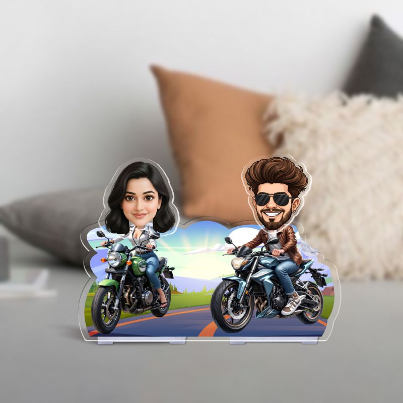Personalized Biker Couple Caricature Standee with Battery Powered Moving Head Custom Cartoon Photo Cutout for Motorcycle Lovers Tabletop Decor